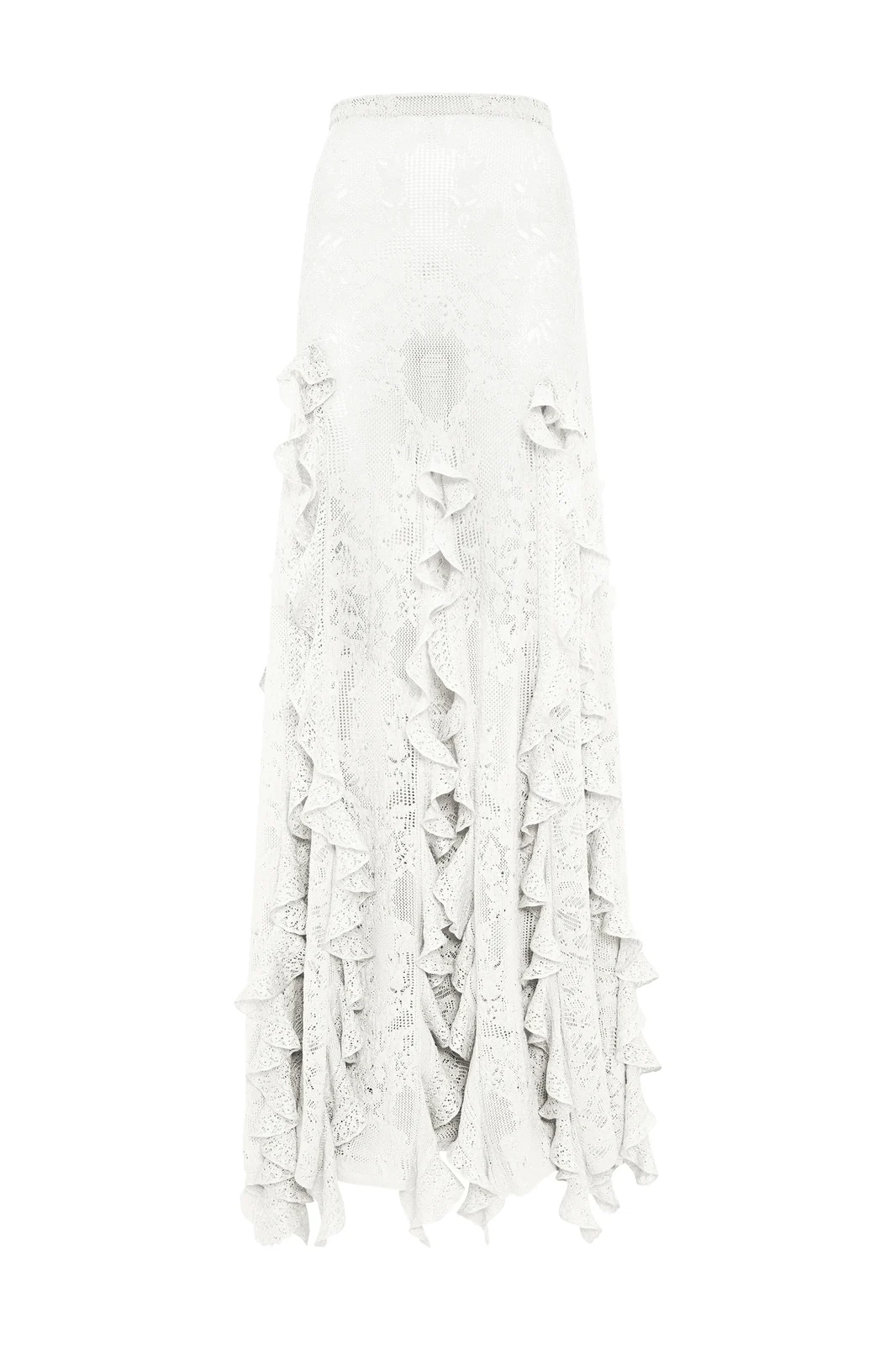 Gabriela Hearst Garnet Pointelle Knit Lace Skirt in Ivory Silk Merino Wool with Custom Ruffles