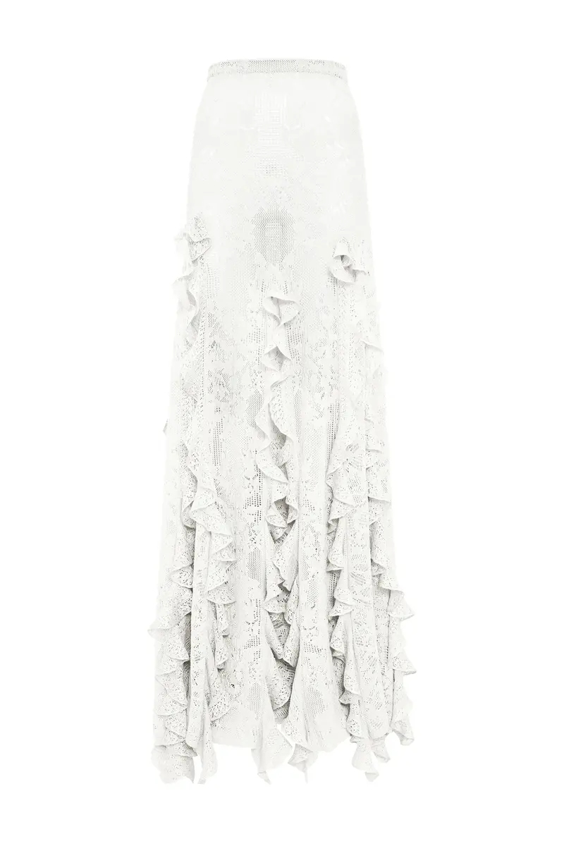 Garnet Pointelle Knit Lace Skirt in Ivory Silk Merino Wool with Custom Ruffles