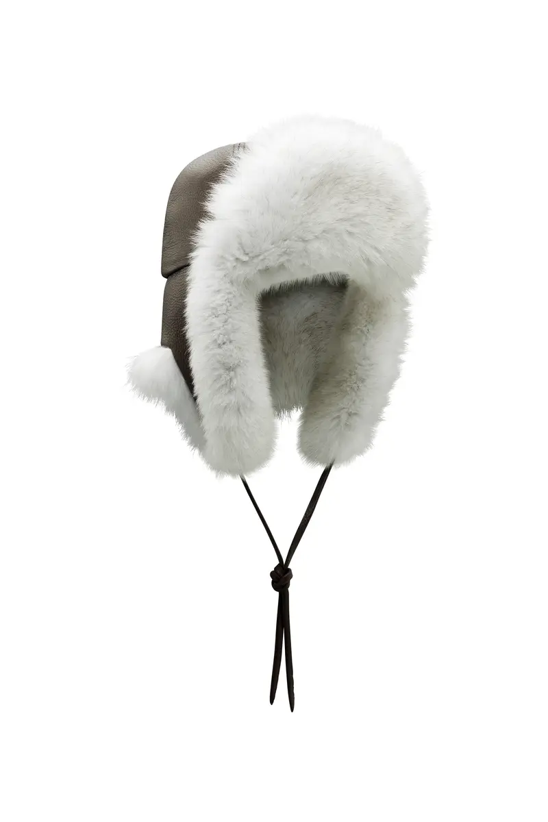 Karina Hat in Chocolate Textured Leather & Ivory Recycled Fur