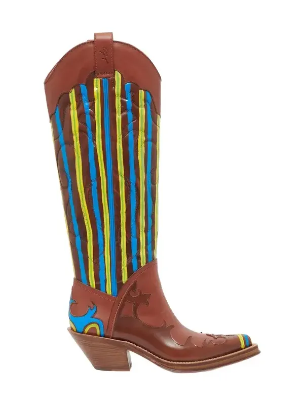 Gabriela Hearst Hand Painted Capitana Cowboy Boot in Cognac, Blue & Yellow Leather