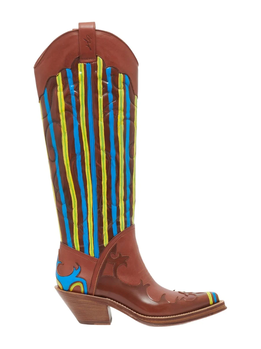 Gabriela Hearst Hand Painted Capitana Cowboy Boot in Cognac, Blue & Yellow Leather