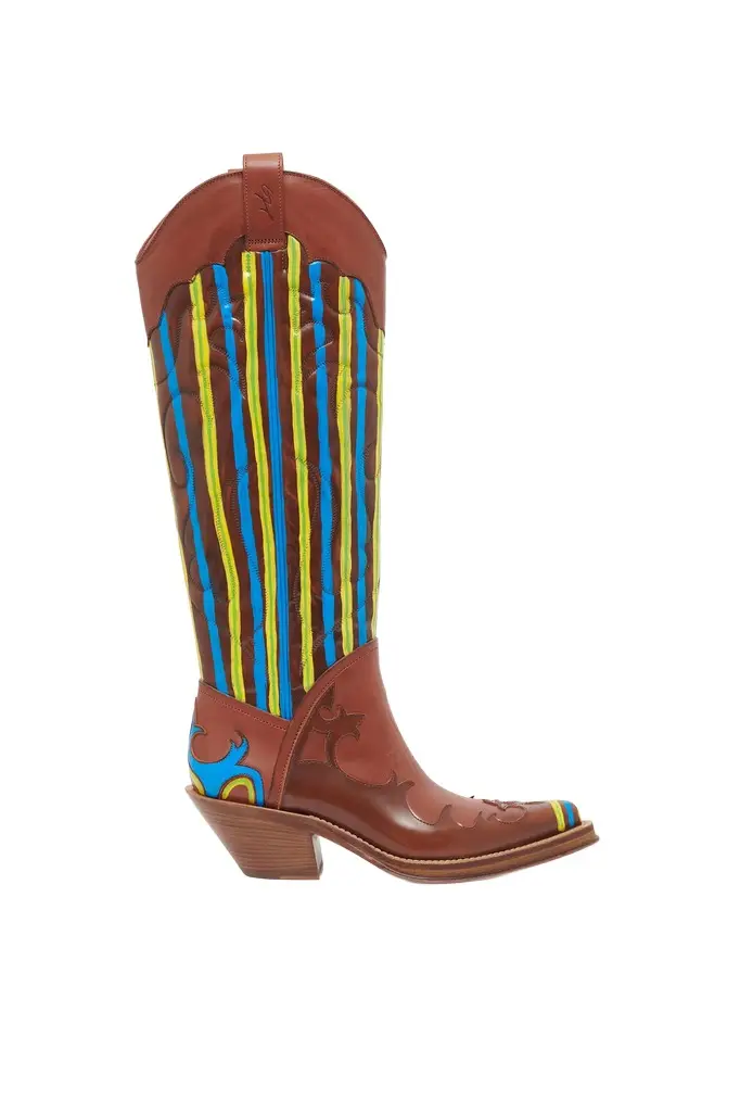 Hand Painted Capitana Cowboy Boot in Cognac, Blue & Yellow Leather Hand Painted Capitana Cowboy Boot in Cognac, Blue & Yellow Leather