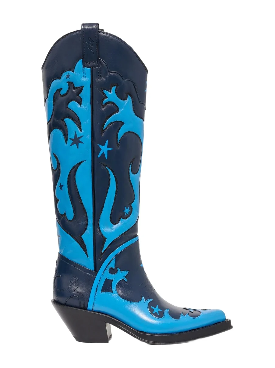 Gabriela Hearst Hand Painted Capitana Cowboy Boot in Blue & Black Leather