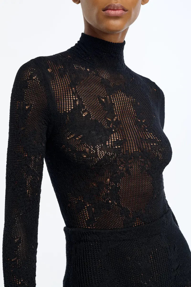 Gabriela Hearst Feal Pointelle Knit Lace Bodysuit in Black Silk Merino Wool | Thumbnail 6