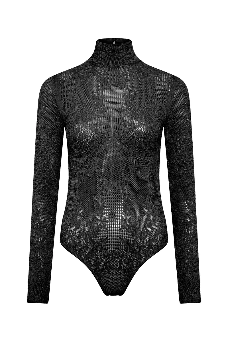 Gabriela Hearst Feal Pointelle Knit Lace Bodysuit in Black Silk Merino Wool