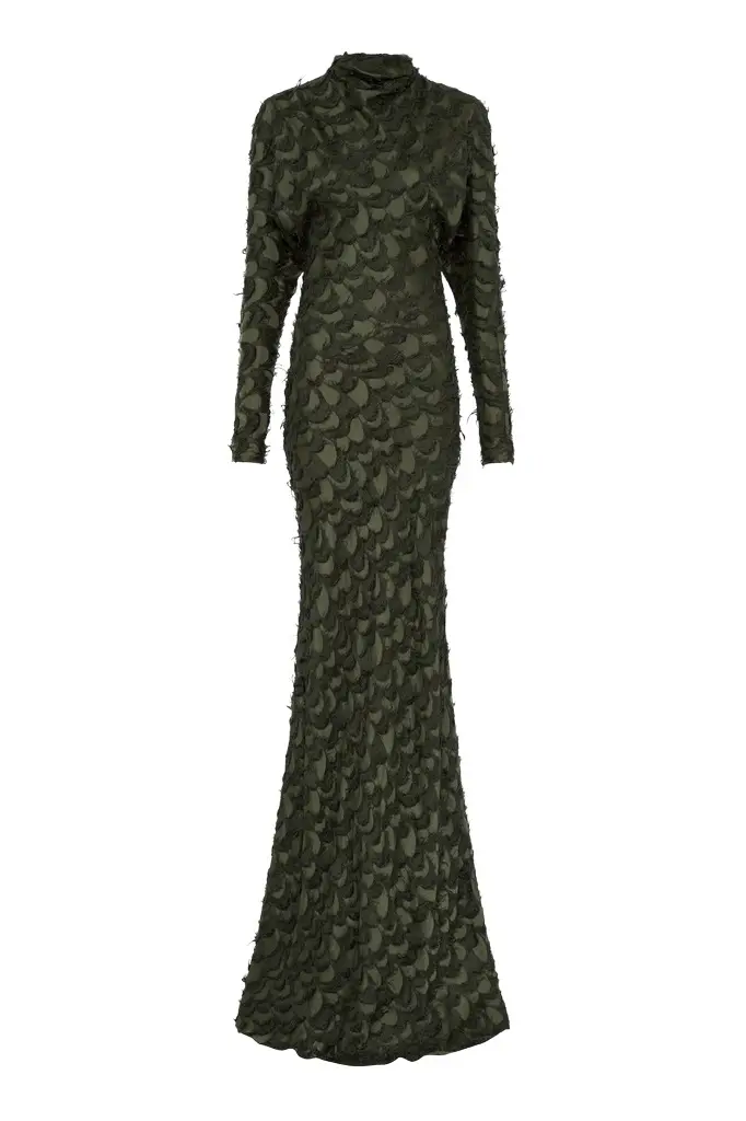 Aberdeen Dress in Deep Olive Silk Wool Fil Coupé Aberdeen Dress in Deep Olive Silk Wool Fil Coupé
