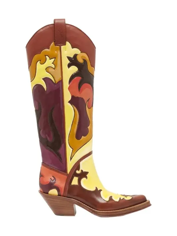 Gabriela Hearst Hand Painted Capitana Cowboy Boot in Yellow Multi Leather