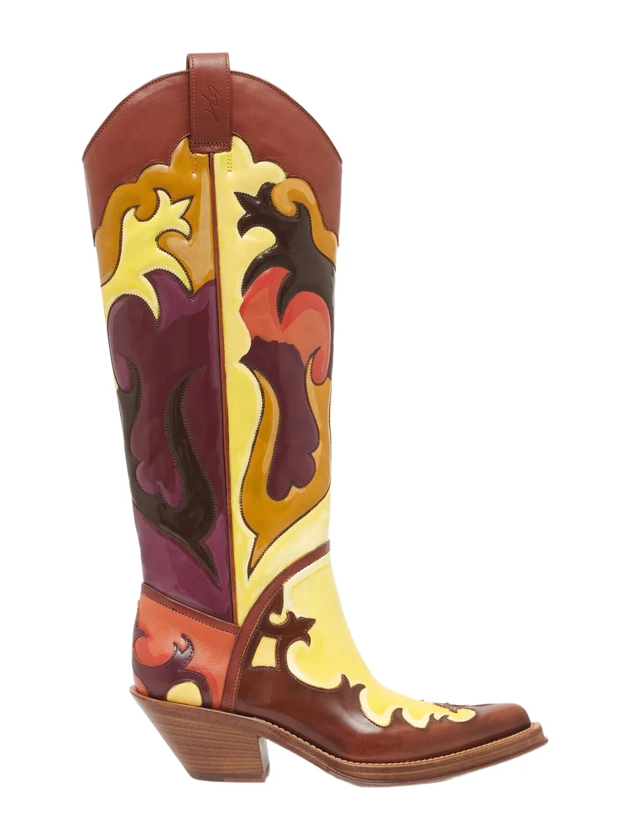 Gabriela Hearst Hand Painted Capitana Cowboy Boot in Yellow Multi Leather
