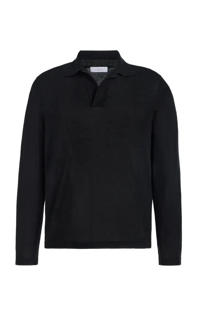 Gabriela Hearst Frome Knit Long Sleeve Polo in Black Cashmere
