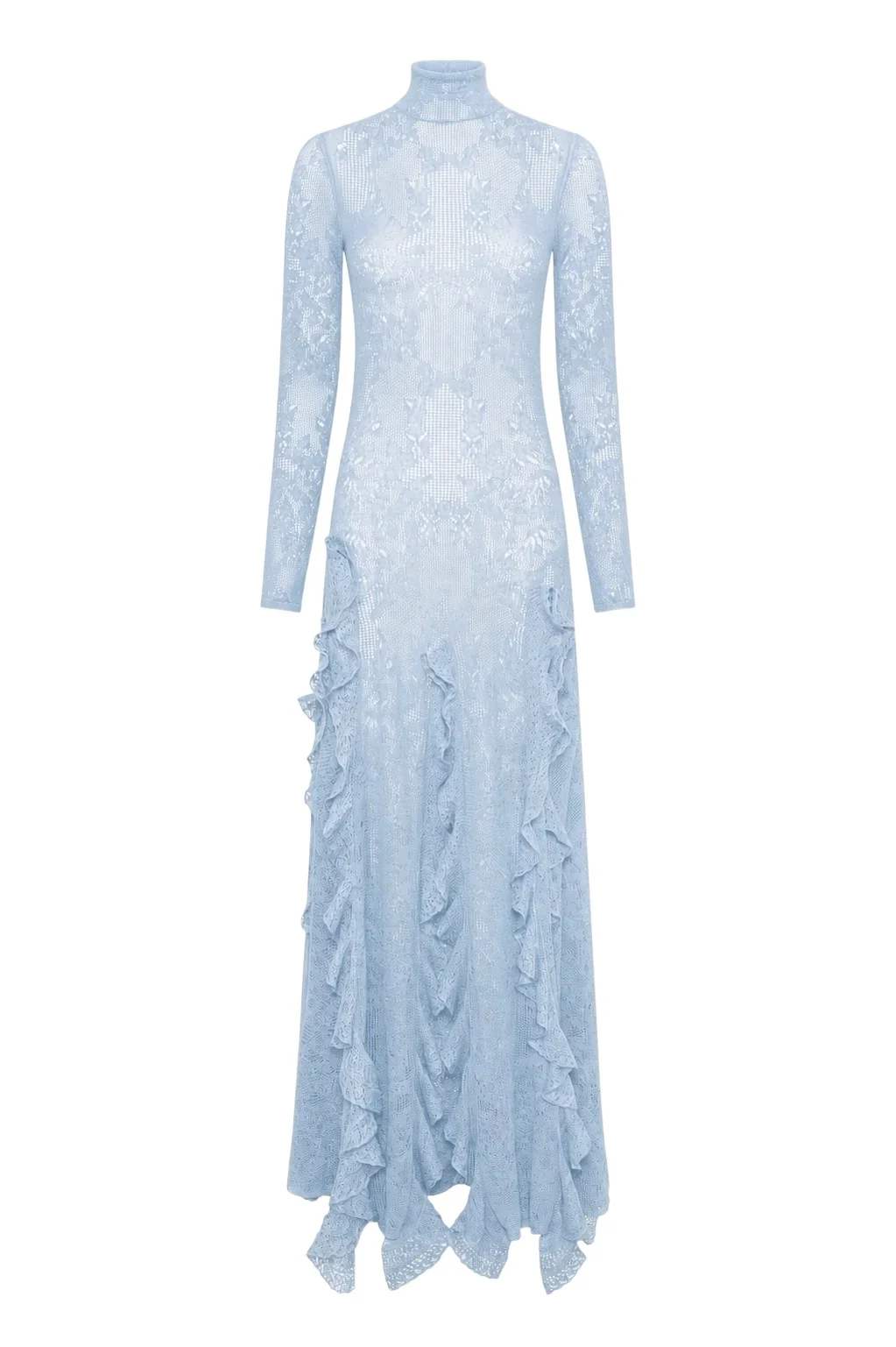 Gabriela Hearst Solway Pointelle Knit Lace Dress in Light Blue Silk Merino Wool with Custom Ruffles