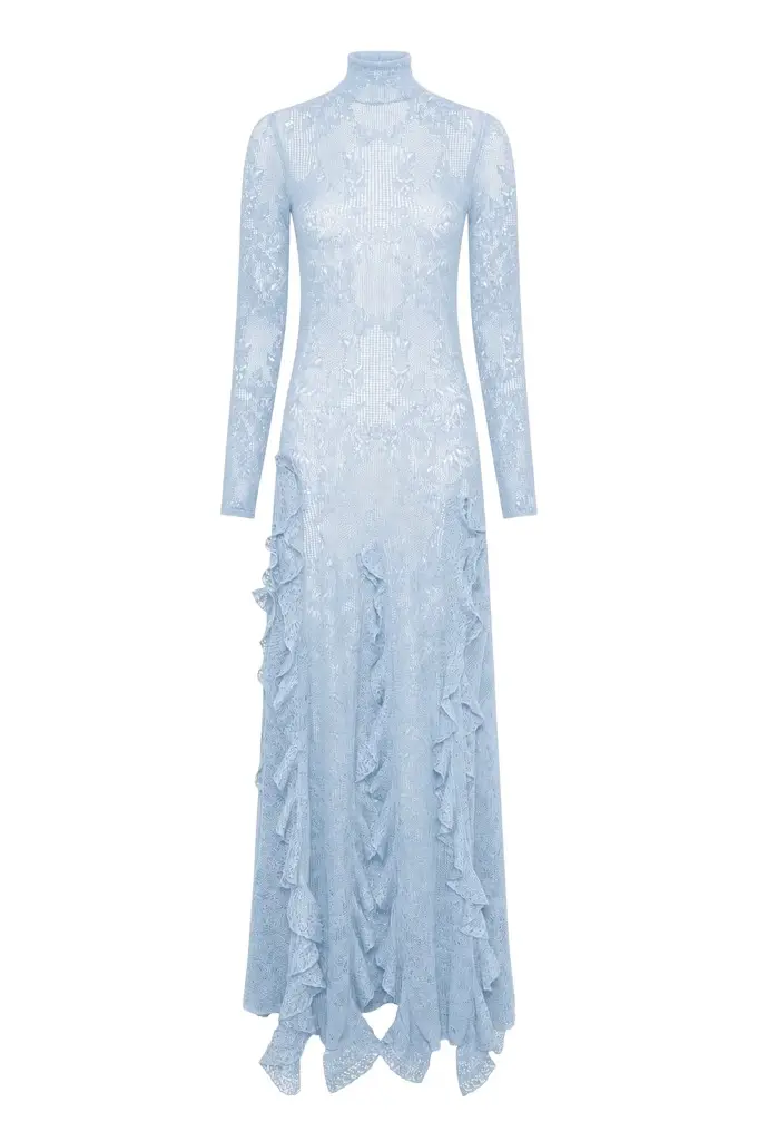 Solway Pointelle Knit Lace Dress in Light Blue Silk Merino Wool with Custom Ruffles