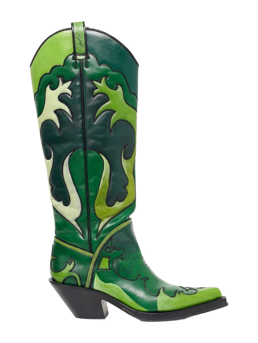 Gabriela Hearst Hand Painted Capitana Cowboy Boot in Green Multi Leather