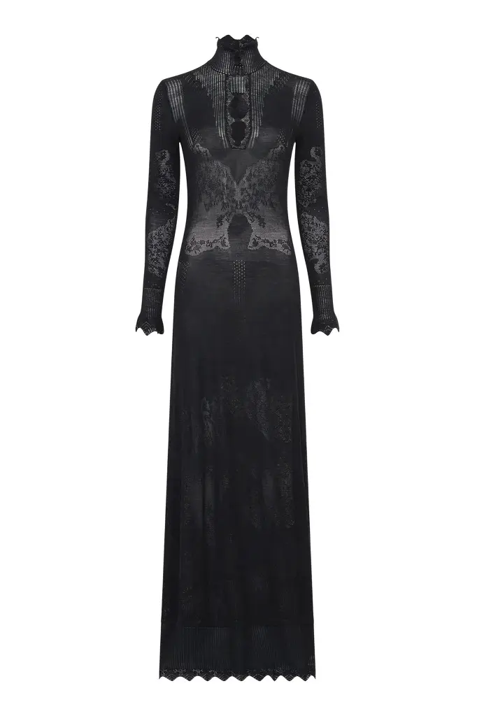 Gabriela Hearst Solace Pointelle Knit Lace Dress in Black Merino Wool