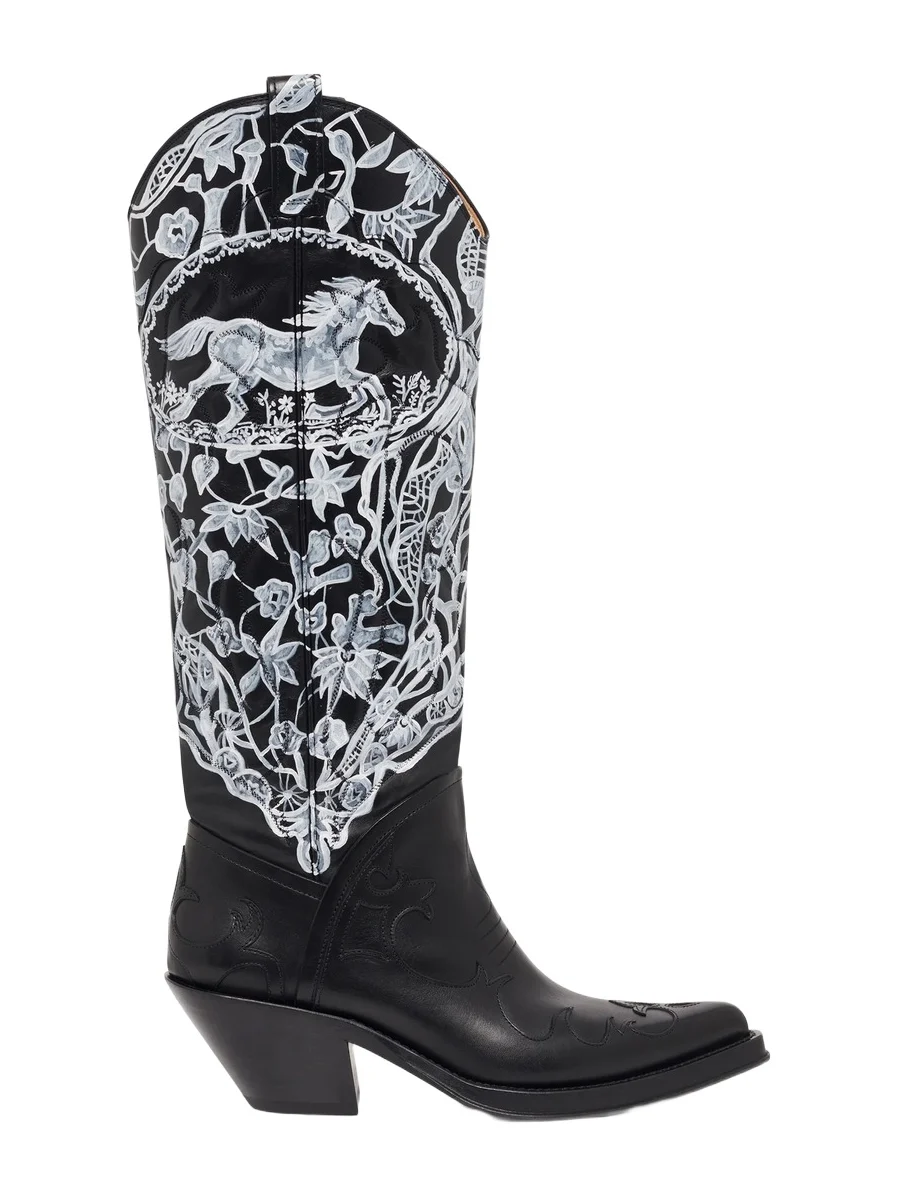 Gabriela Hearst Hand Painted Capitana Cowboy Boot in Black & White Leather