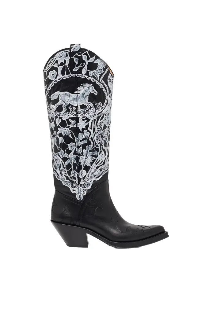 Hand Painted Capitana Cowboy Boot in Black & White Leather