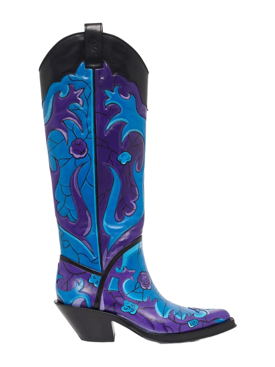 Gabriela Hearst Hand Painted Capitana Cowboy Boot in Purple & Blue Leather