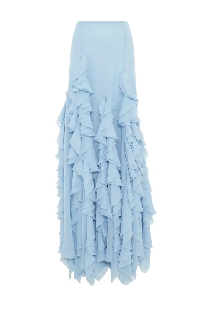 Espina Skirt in Light Blue Silk Georgette with Custom Ruffles