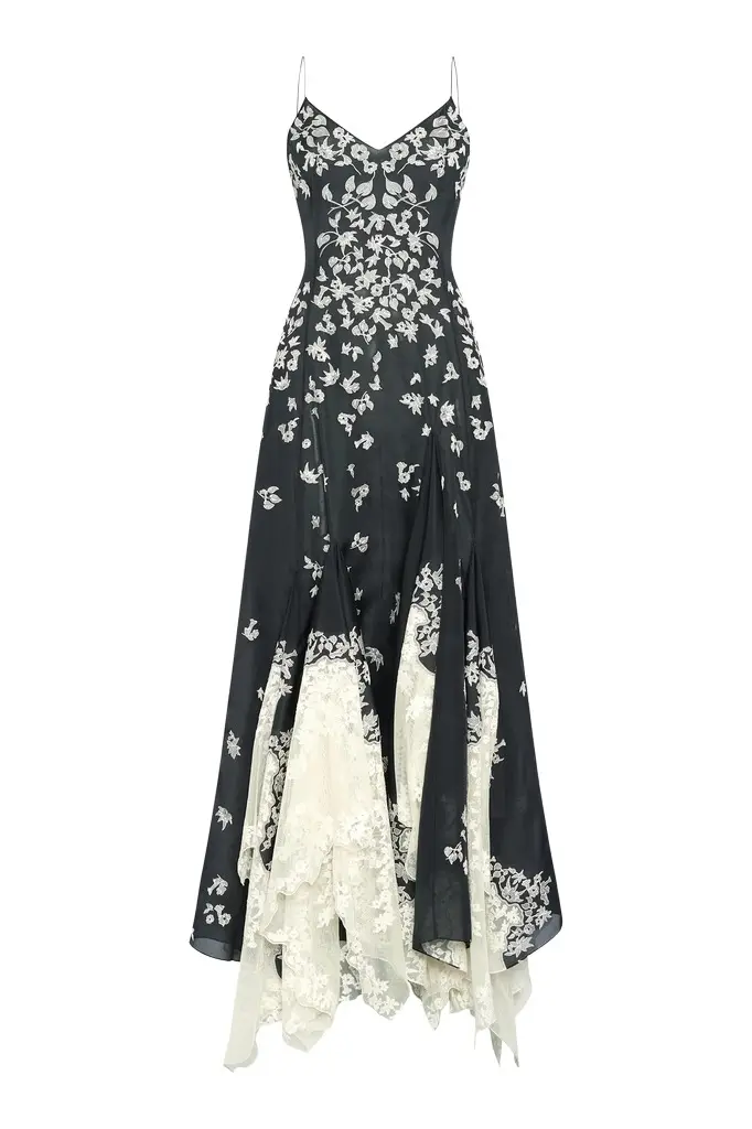 Neville Embroidered Slip Dress in Black Multi Silk Organza Neville Embroidered Slip Dress in Black Multi Silk Organza