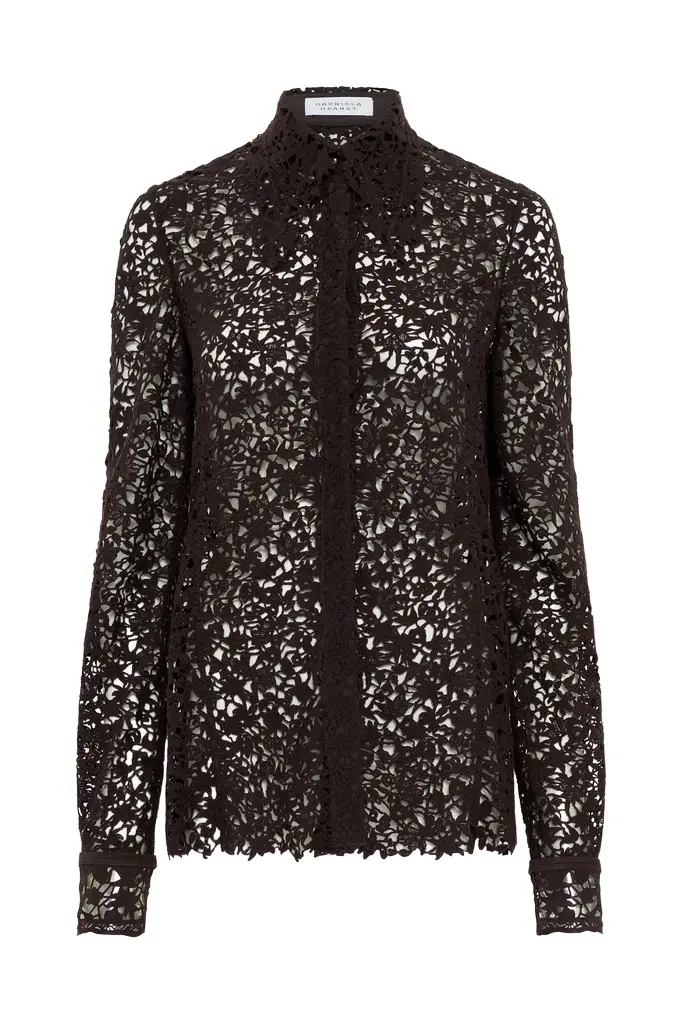 Gabriela Hearst Vera Shirt in Chocolate Floral Cashmere Lace with Suede Lace Cuffs