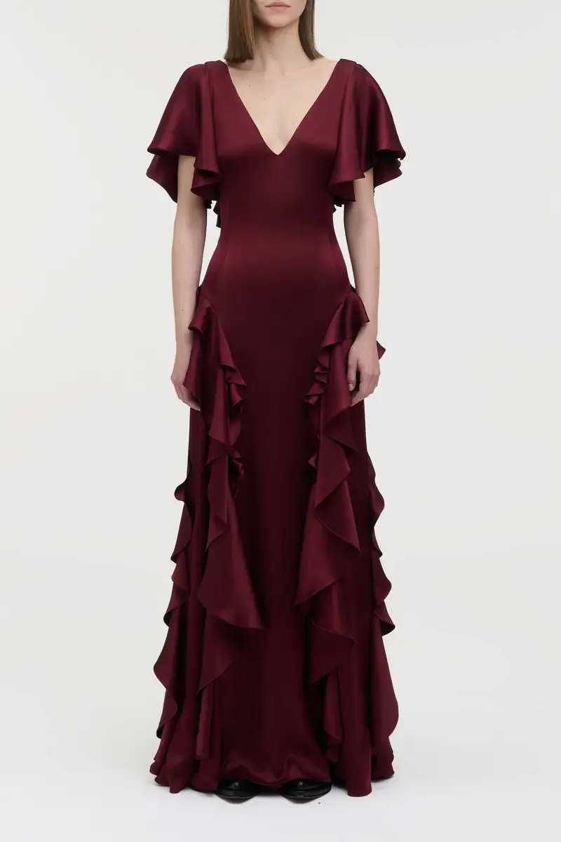 Gabriela Hearst Spiral Ruffles Dress in Bordeaux Silk Satin | Thumbnail 2 Gabriela Hearst Spiral Ruffles Dress in Bordeaux Silk Satin | Thumbnail 2