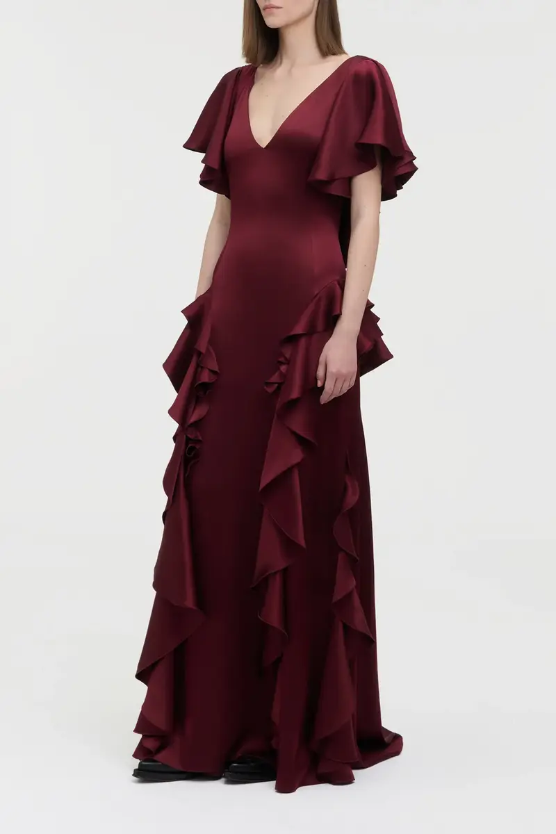 Gabriela Hearst Spiral Ruffles Dress in Bordeaux Silk Satin | Thumbnail 3 Gabriela Hearst Spiral Ruffles Dress in Bordeaux Silk Satin | Thumbnail 3
