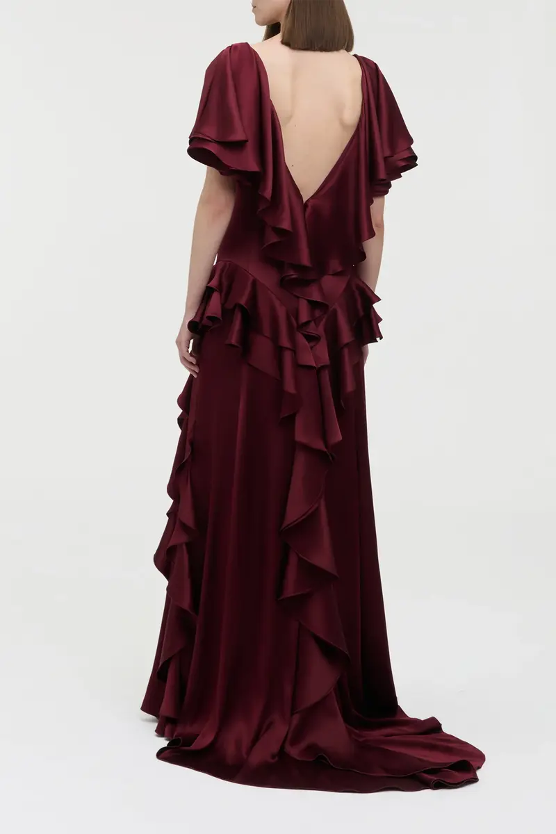 Gabriela Hearst Spiral Ruffles Dress in Bordeaux Silk Satin | Thumbnail 4 Gabriela Hearst Spiral Ruffles Dress in Bordeaux Silk Satin | Thumbnail 4
