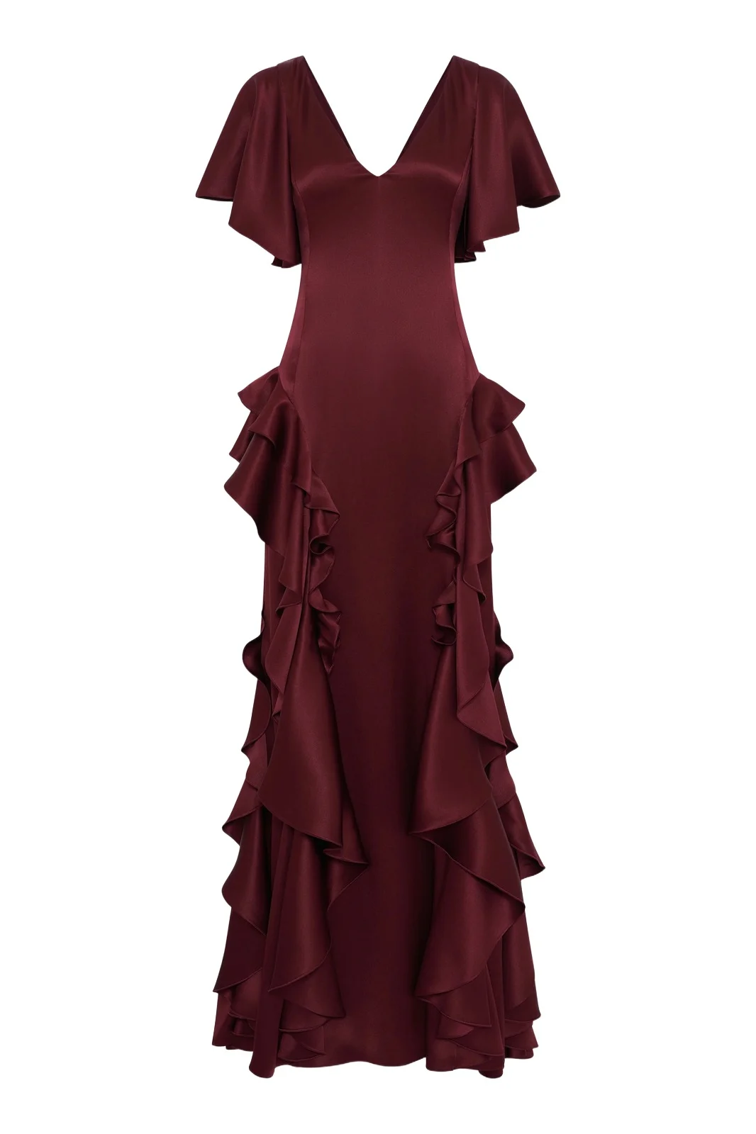 Gabriela Hearst Spiral Ruffles Dress in Bordeaux Silk Satin
