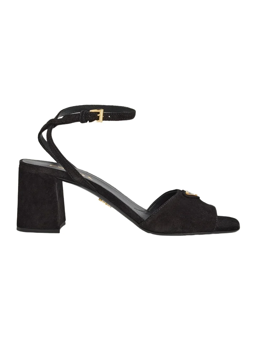 Prada 65mm Triangle Logo Suede Block-Heel Sandals