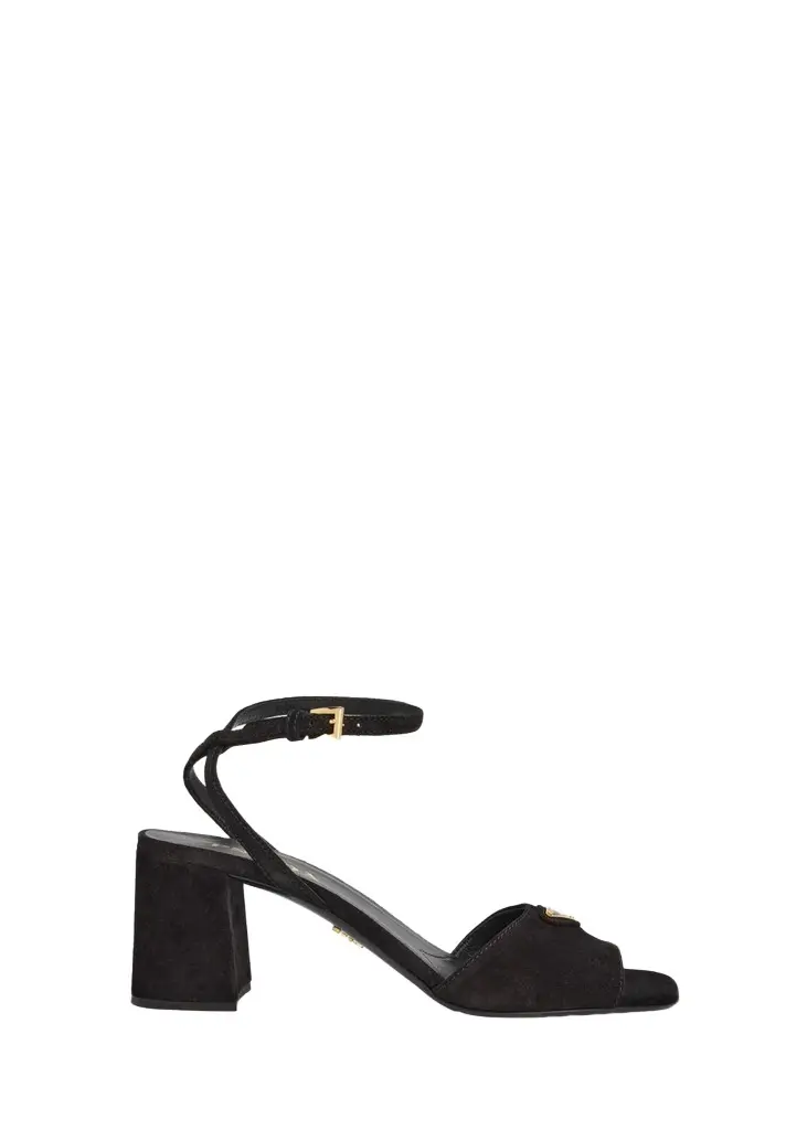Prada 65mm Triangle Logo Suede Block-Heel Sandals