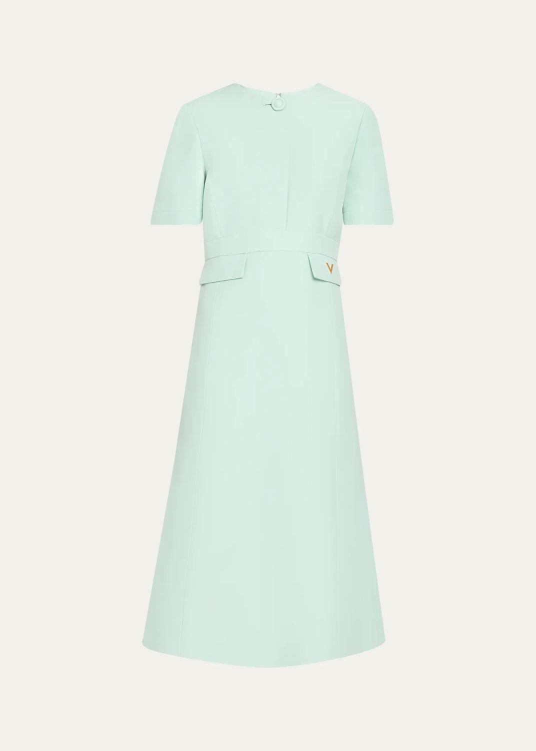 Valentino Garavani V-Logo Pockets Short-Sleeve Wool Silk Midi Dress