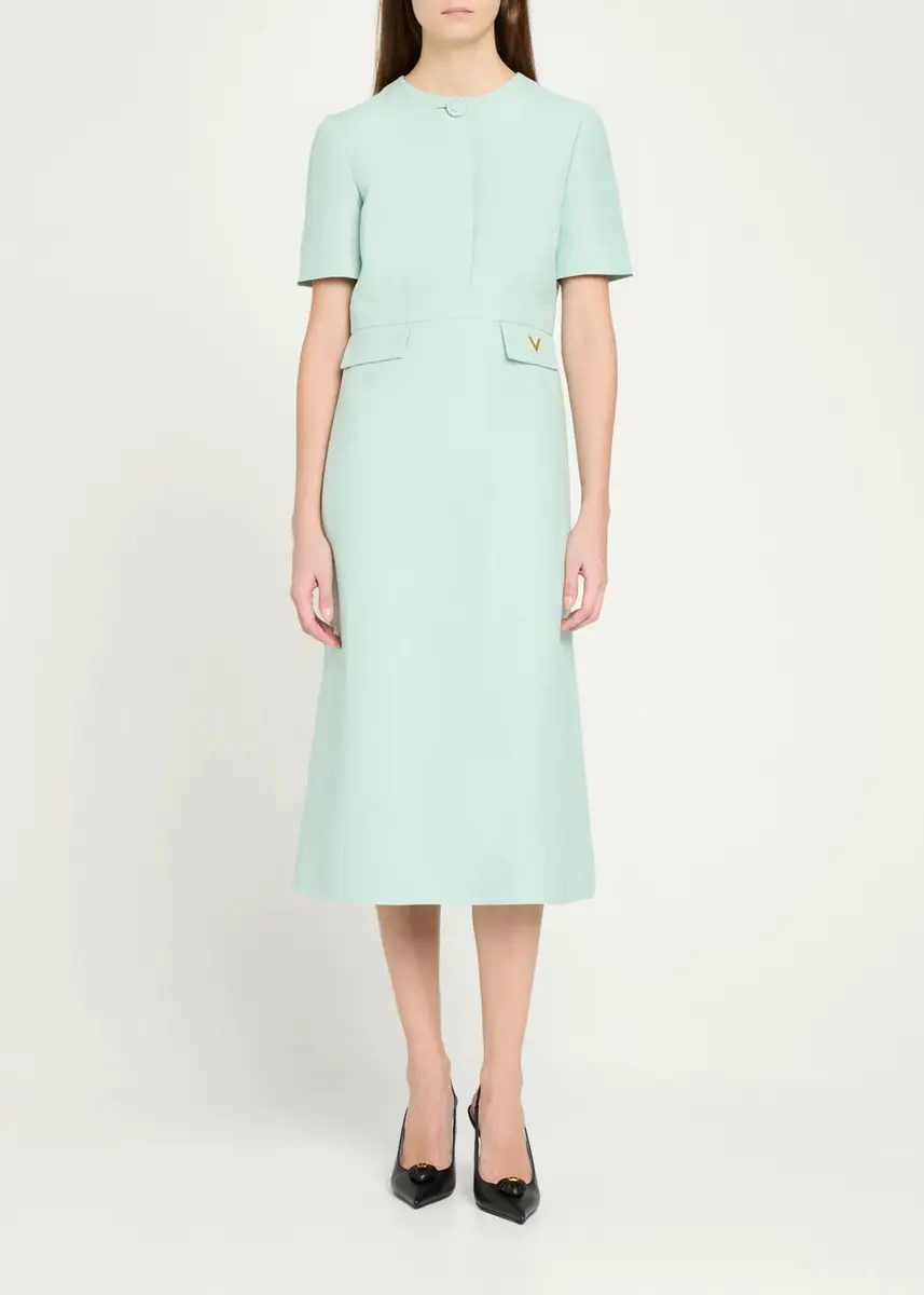 Valentino Garavani V-Logo Pockets Short-Sleeve Wool Silk Midi Dress | Thumbnail 2 Valentino Garavani V-Logo Pockets Short-Sleeve Wool Silk Midi Dress | Thumbnail 2