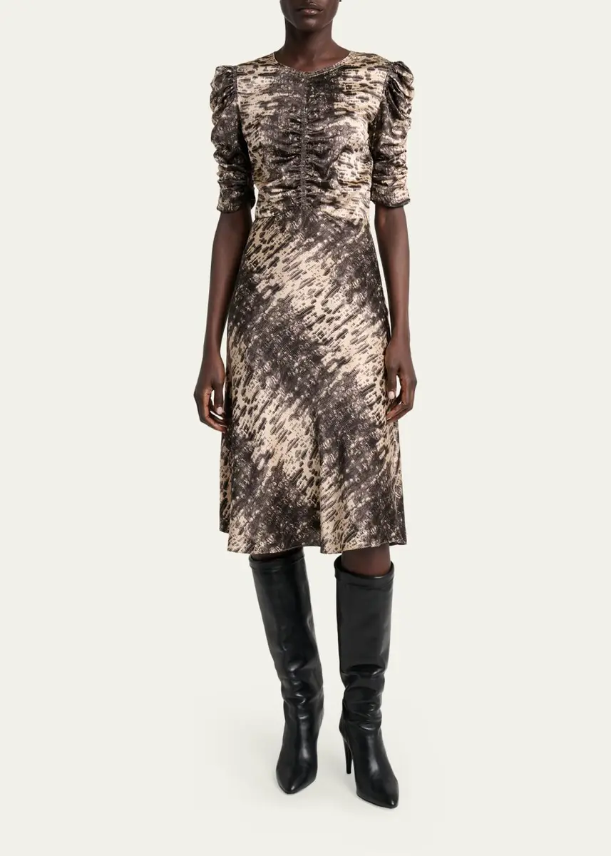 Isabel Marant Lemila Python-Print Satin Ruched Puff-Sleeve Midi Dress | Thumbnail 2 Isabel Marant Lemila Python-Print Satin Ruched Puff-Sleeve Midi Dress | Thumbnail 2