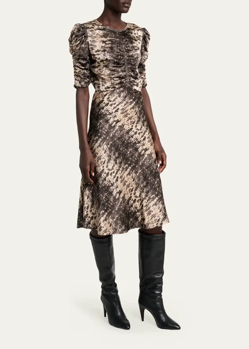 Isabel Marant Lemila Python-Print Satin Ruched Puff-Sleeve Midi Dress | Thumbnail 4 Isabel Marant Lemila Python-Print Satin Ruched Puff-Sleeve Midi Dress | Thumbnail 4