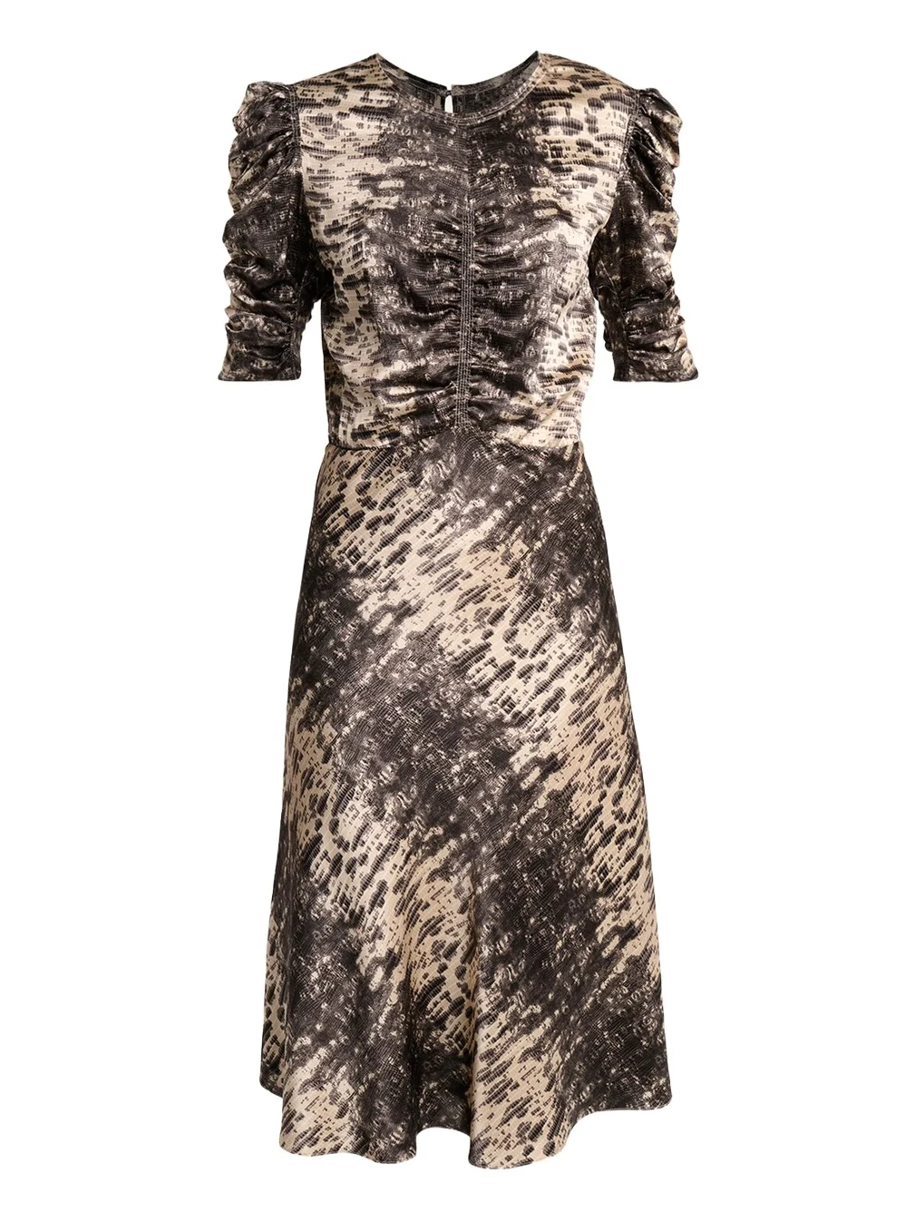 Lemila Python-Print Satin Ruched Puff-Sleeve Midi Dress Lemila Python-Print Satin Ruched Puff-Sleeve Midi Dress
