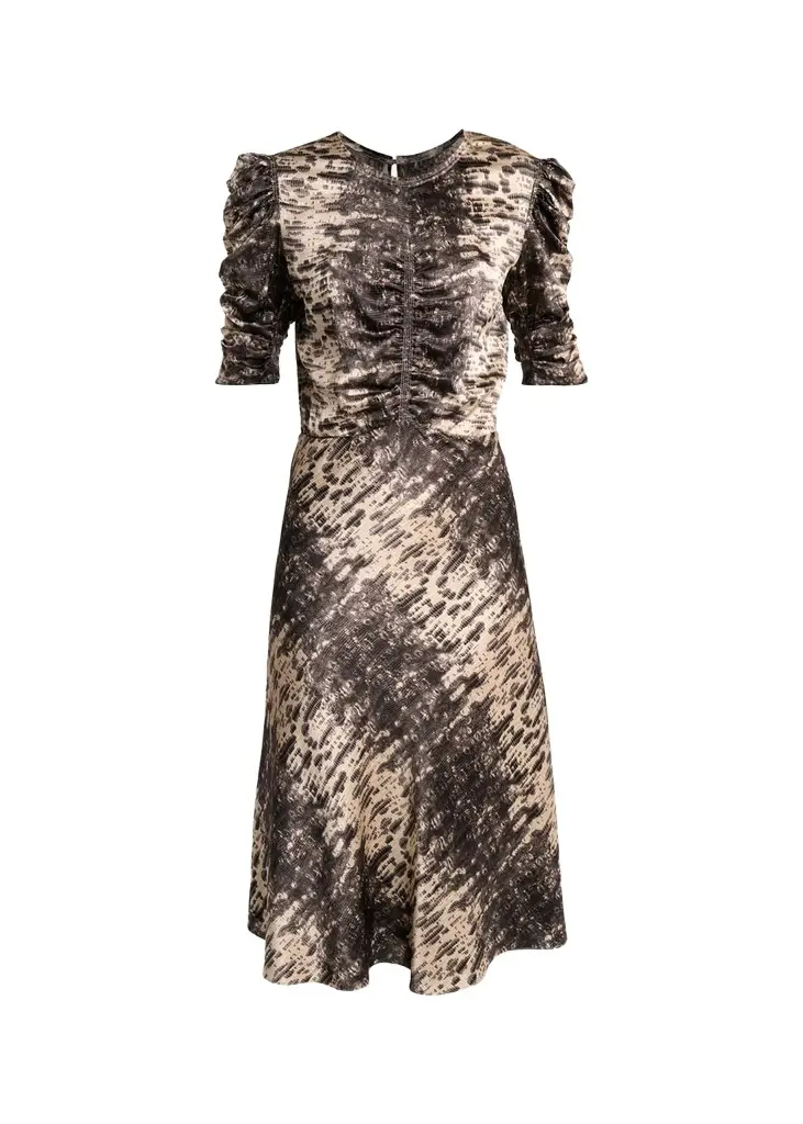 Isabel Marant Lemila Python-Print Satin Ruched Puff-Sleeve Midi Dress