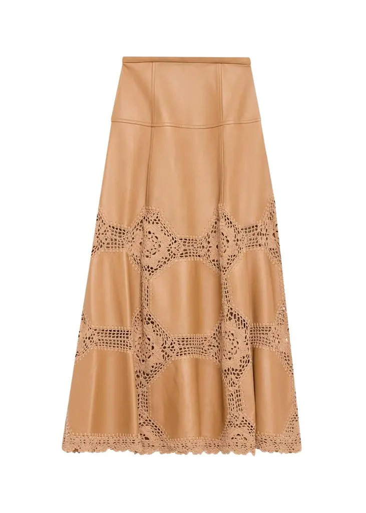 Izra Crochet & Leather Midi Skirt