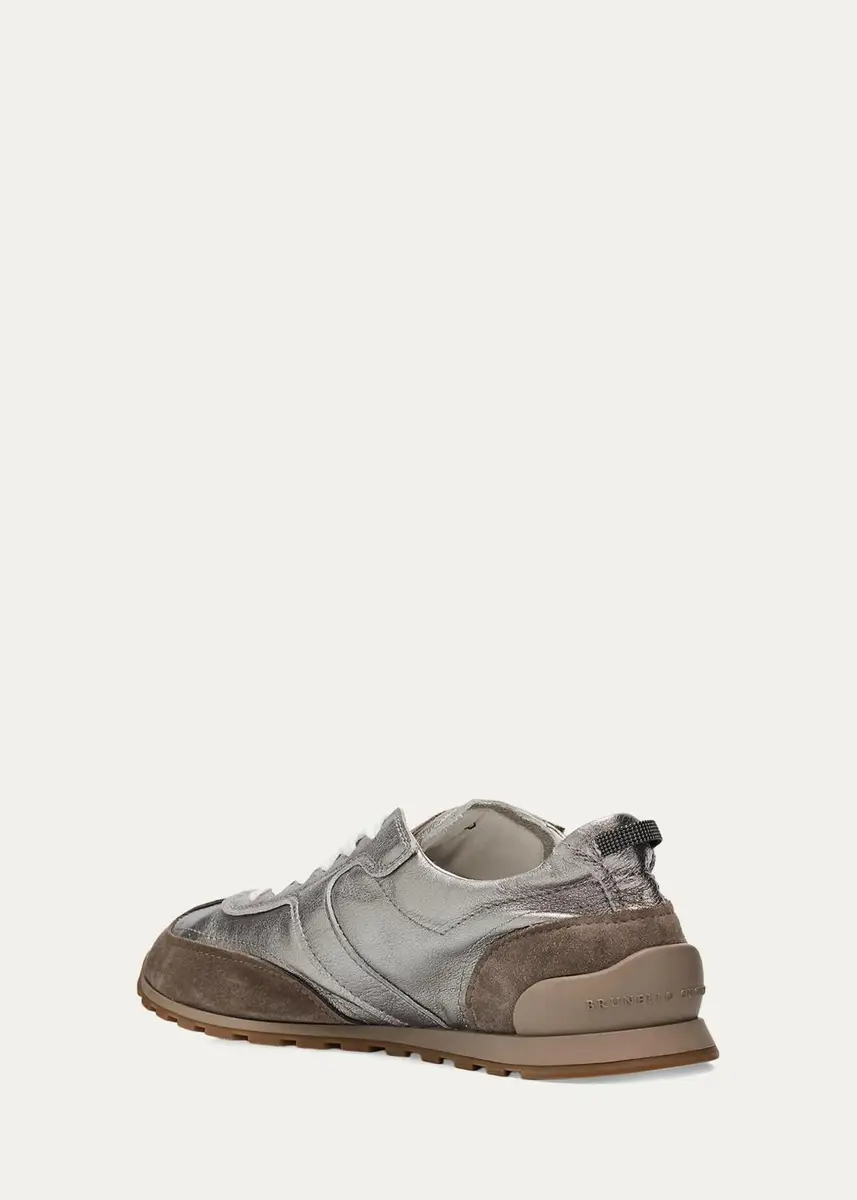 Brunello Cucinelli Monili Pull-Tab Crinkle-Effect Leather Low-Top Sneakers | Thumbnail 4