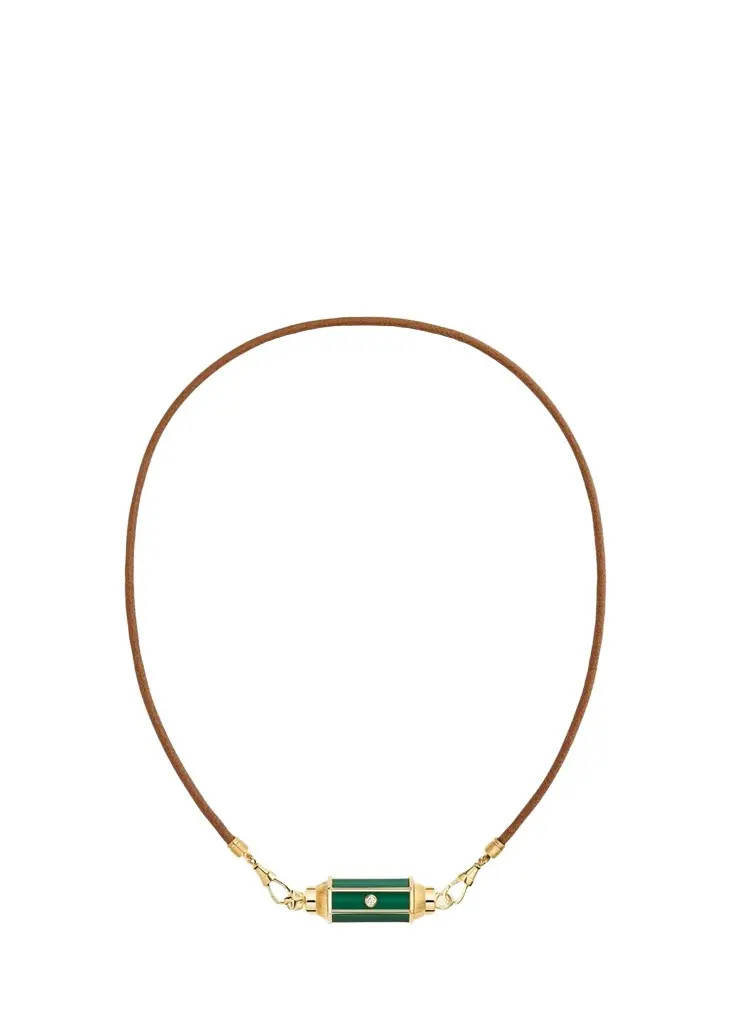 18K Yellow Gold, 0.11 Diamond, Malachite & Leather Cord Necklace 18K Yellow Gold, 0.11 Diamond, Malachite & Leather Cord Necklace