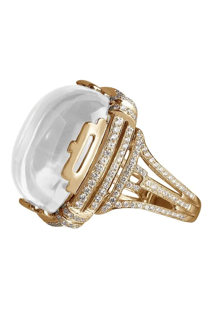 GOSHWARA Moon Quartz Diamond Cushion Cabochon Ring