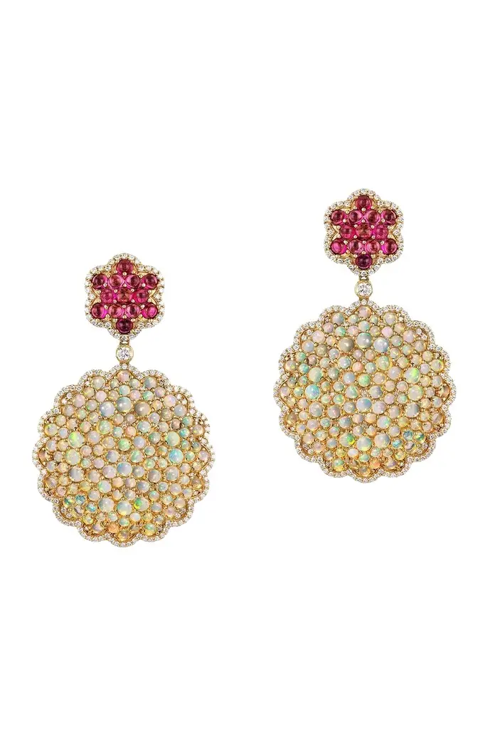 Diamond Opal Rubellite Cabochon Cluster G-One Earrings Diamond Opal Rubellite Cabochon Cluster G-One Earrings