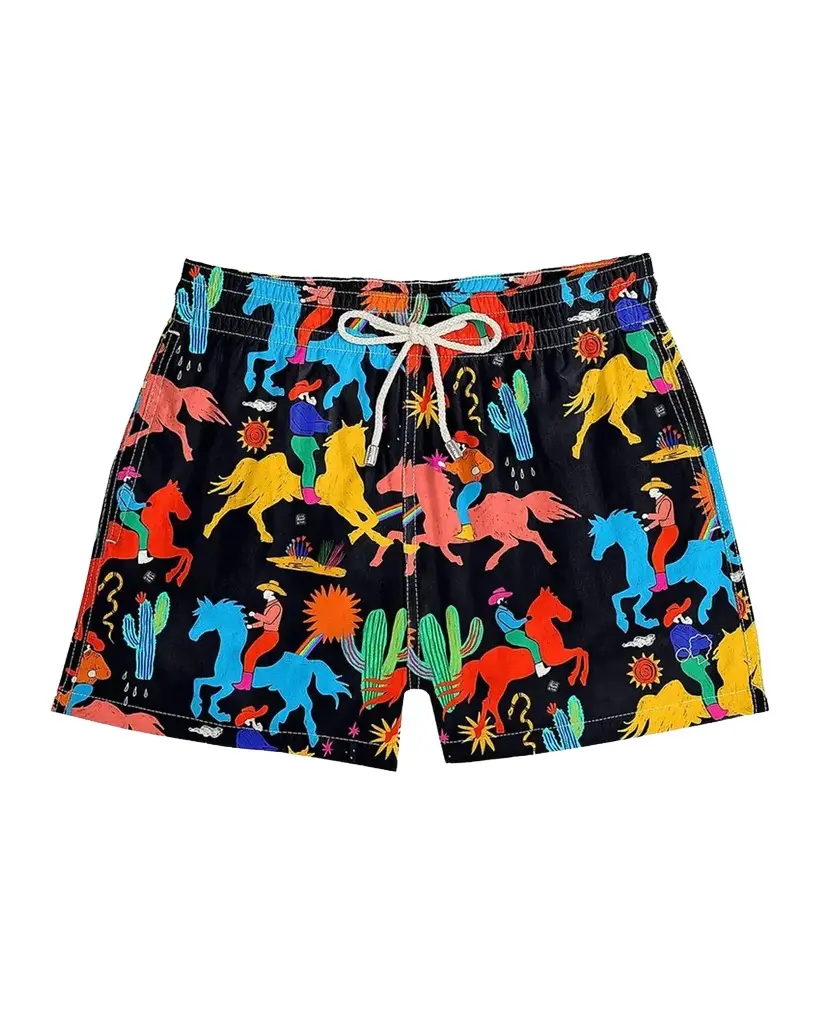 Men's Black Cowboy Printed Drawstring Swim Shorts Men's Black Cowboy Printed Drawstring Swim Shorts