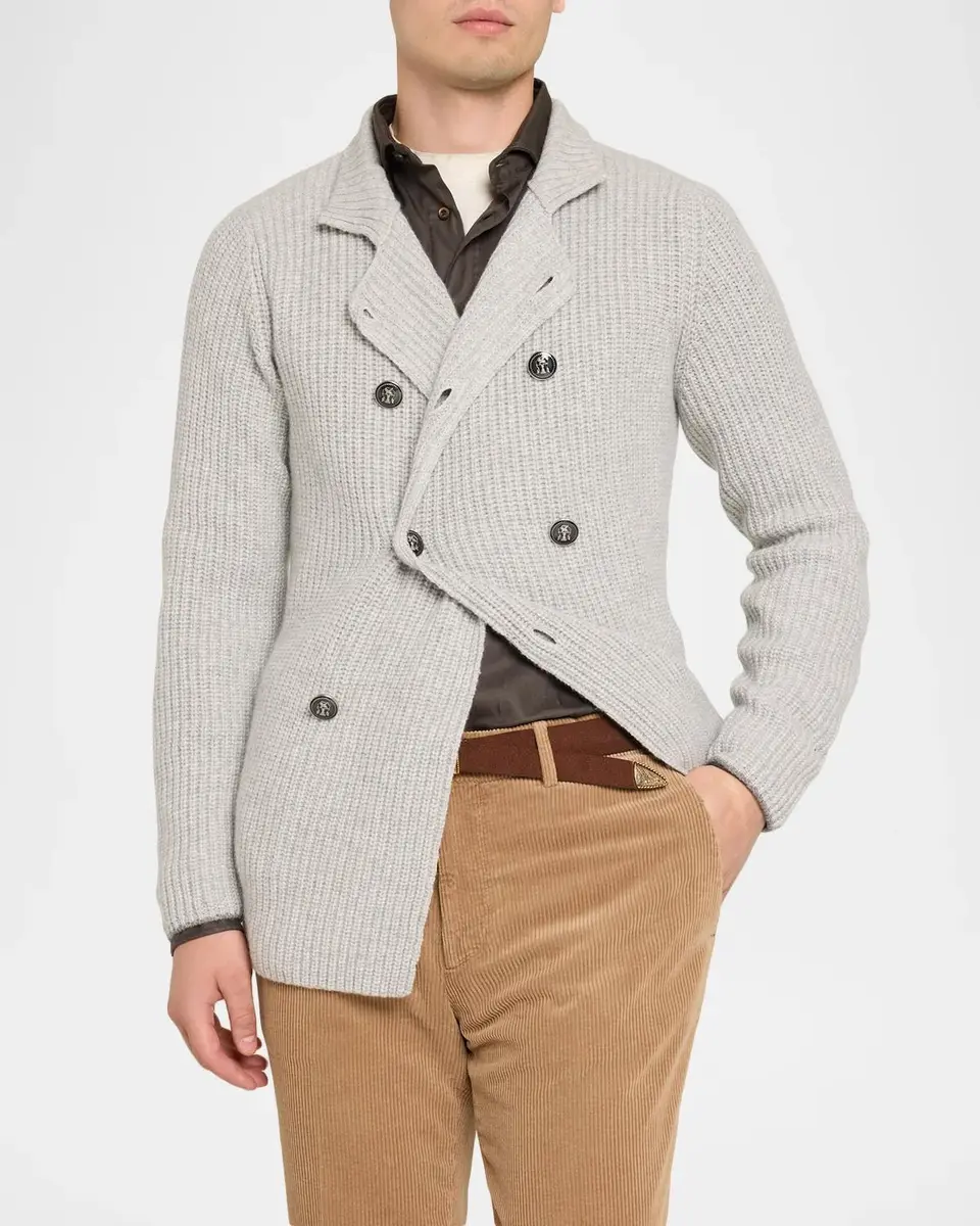 Brunello Cucinelli Men's Rib-Knit Cashmere Double-Breasted Cardigan | Thumbnail 4 Brunello Cucinelli Men's Rib-Knit Cashmere Double-Breasted Cardigan | Thumbnail 4