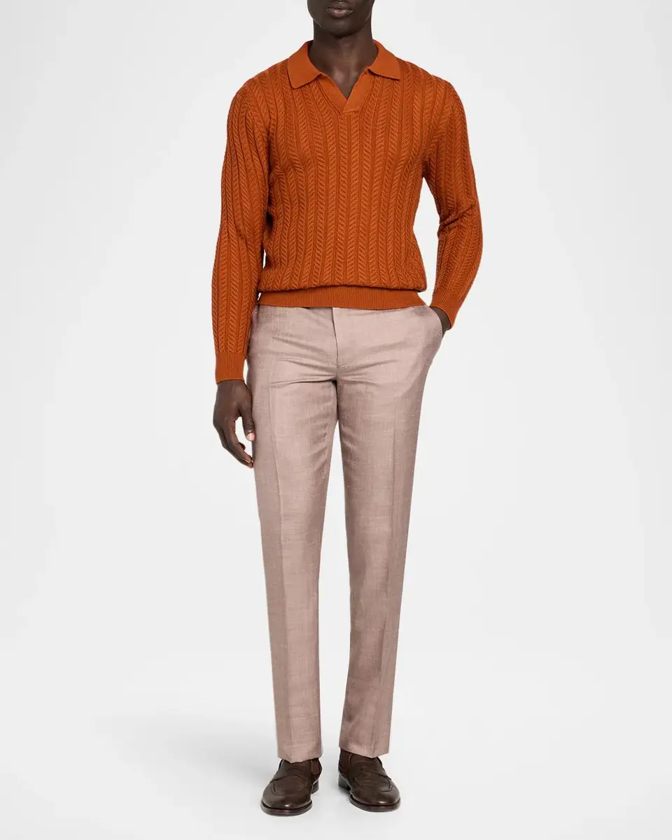 Isaia Men's Cable-Knit Wool-Silk Polo Sweater | Thumbnail 2 Isaia Men's Cable-Knit Wool-Silk Polo Sweater | Thumbnail 2