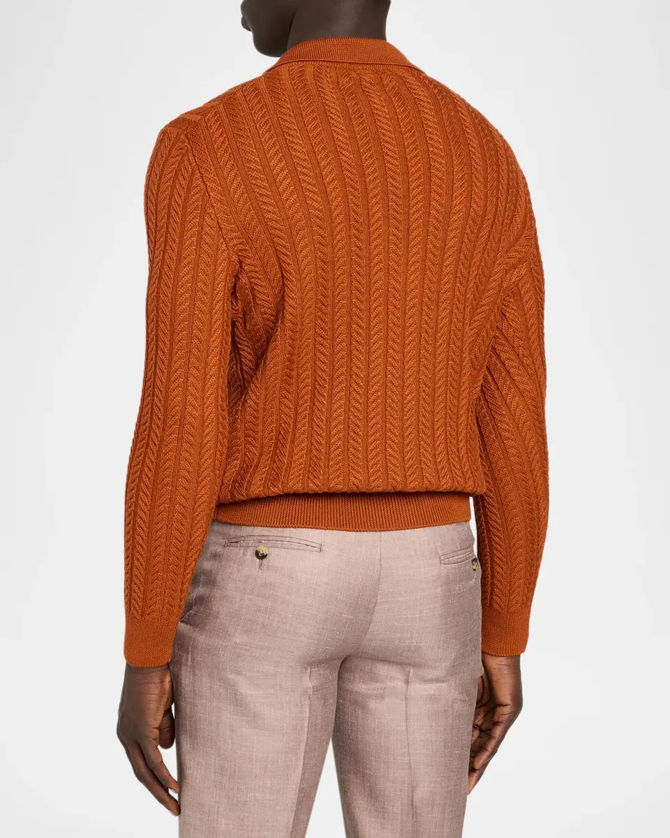 Isaia Men's Cable-Knit Wool-Silk Polo Sweater | Thumbnail 3 Isaia Men's Cable-Knit Wool-Silk Polo Sweater | Thumbnail 3