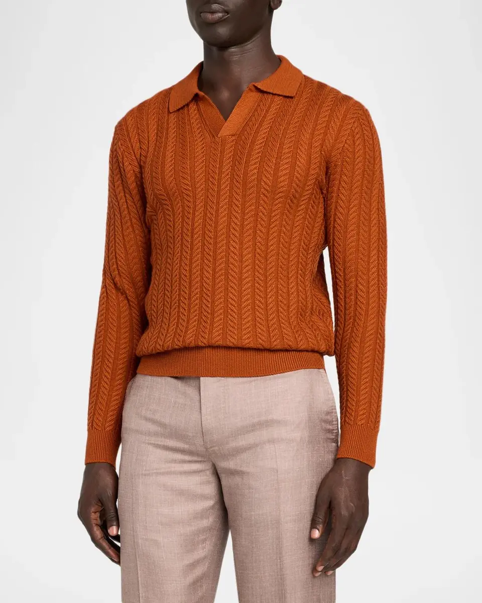 Isaia Men's Cable-Knit Wool-Silk Polo Sweater | Thumbnail 4 Isaia Men's Cable-Knit Wool-Silk Polo Sweater | Thumbnail 4