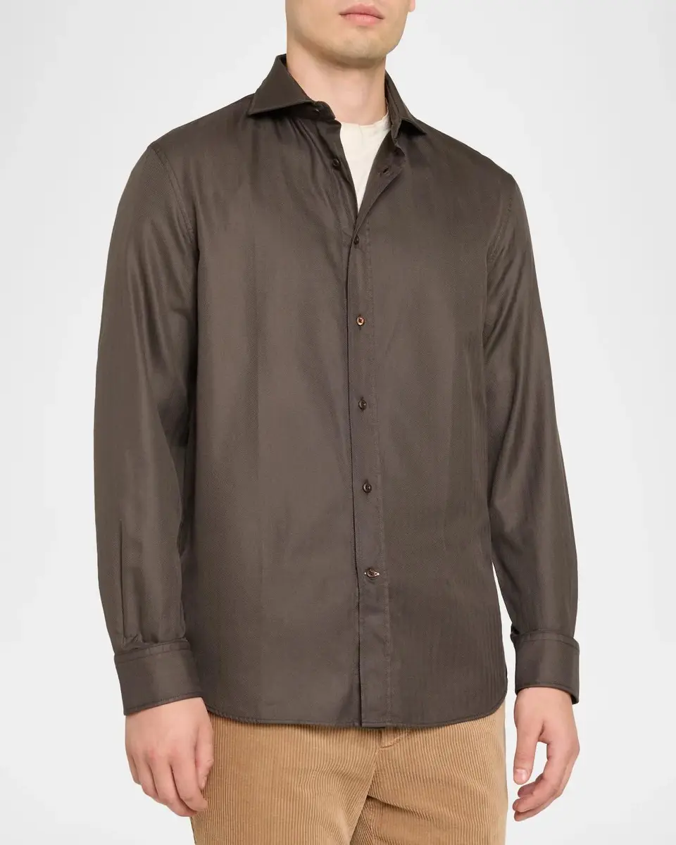 Brunello Cucinelli Men's Cotton Chevron Button-Front Shirt | Thumbnail 4 Brunello Cucinelli Men's Cotton Chevron Button-Front Shirt | Thumbnail 4