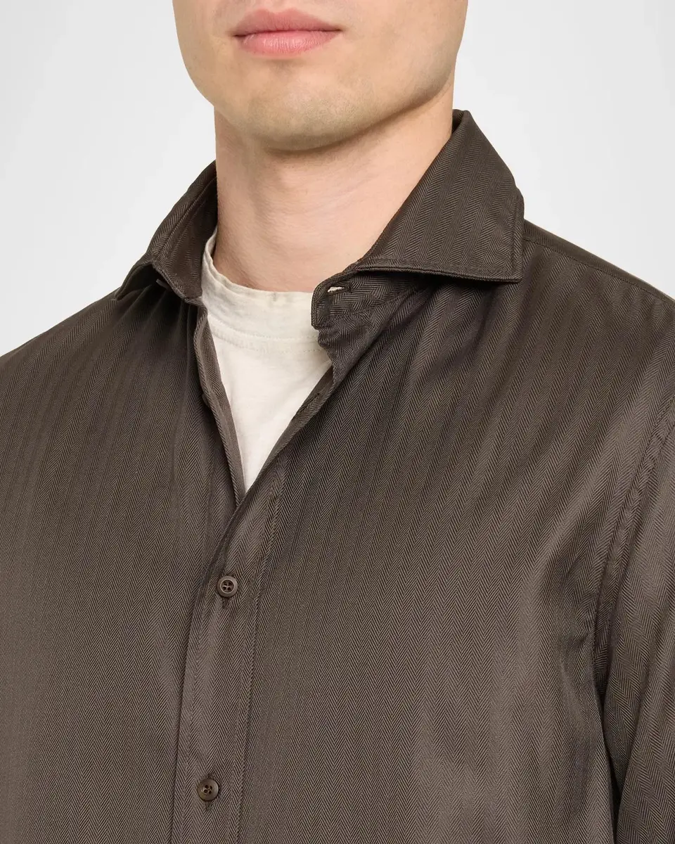 Brunello Cucinelli Men's Cotton Chevron Button-Front Shirt | Thumbnail 5 Brunello Cucinelli Men's Cotton Chevron Button-Front Shirt | Thumbnail 5