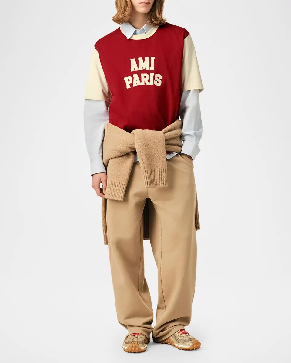 AMI PARIS Men's Color-Block Chenille Logo Crewneck T-Shirt | Thumbnail 2 AMI PARIS Men's Color-Block Chenille Logo Crewneck T-Shirt | Thumbnail 2
