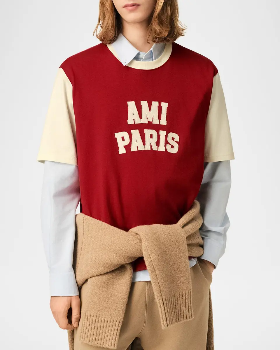 AMI PARIS Men's Color-Block Chenille Logo Crewneck T-Shirt | Thumbnail 4 AMI PARIS Men's Color-Block Chenille Logo Crewneck T-Shirt | Thumbnail 4