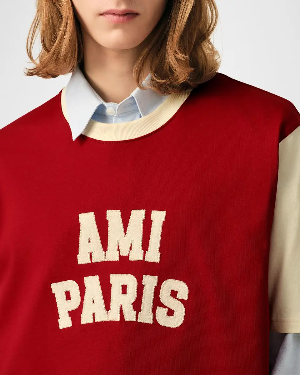 AMI PARIS Men's Color-Block Chenille Logo Crewneck T-Shirt | Thumbnail 5 AMI PARIS Men's Color-Block Chenille Logo Crewneck T-Shirt | Thumbnail 5